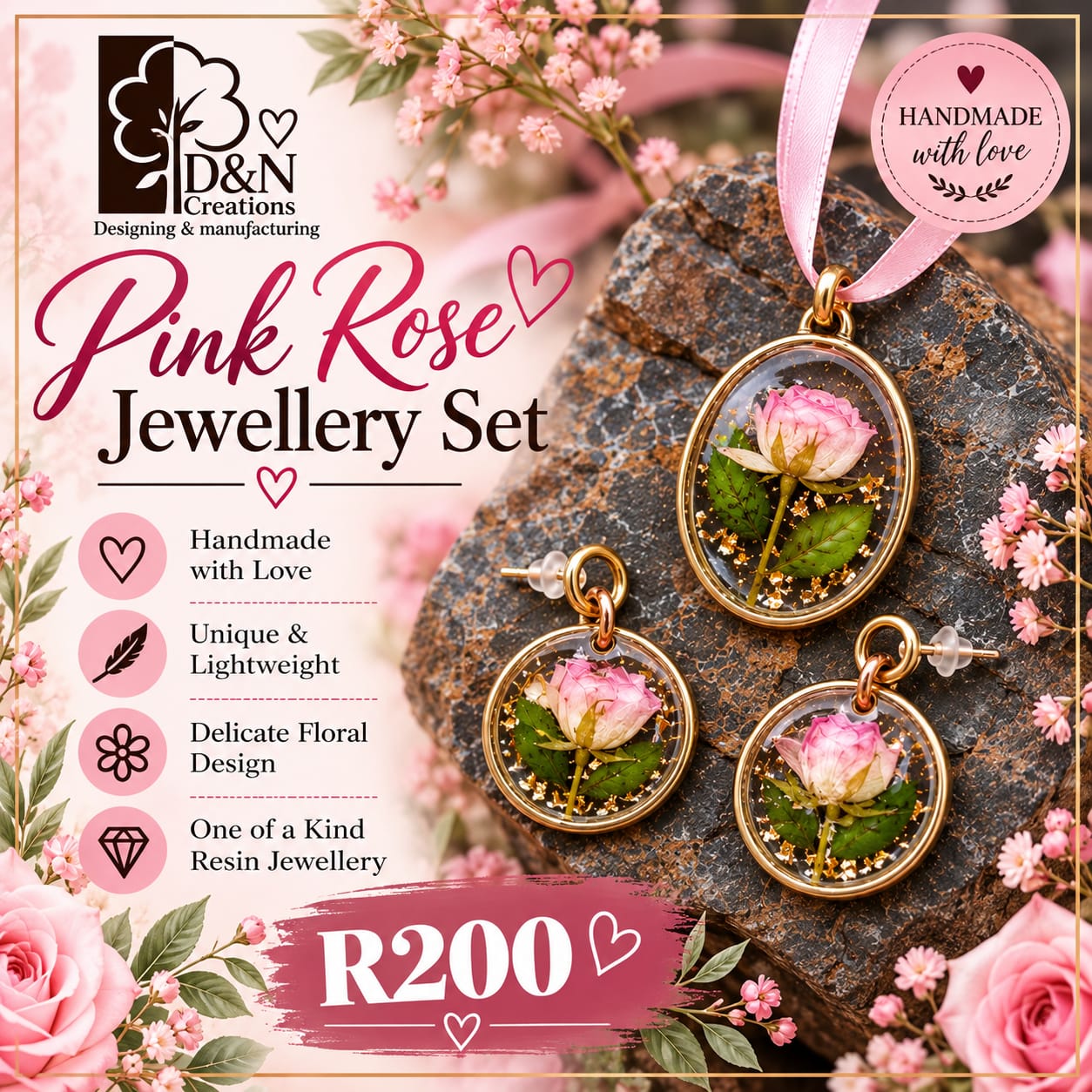 D&N Pink Rose Jewellery Set